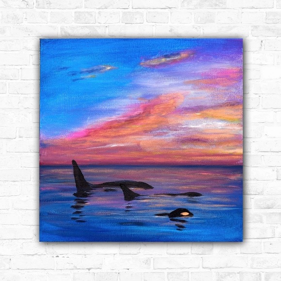 sunset on Alaska ocean & whales Original acrylic painting signed by the artist - Picture 6 of 7